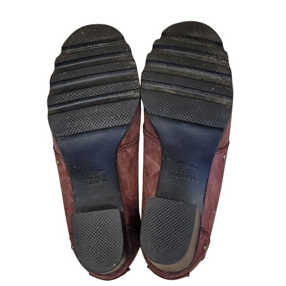 Sorel Addington Chelsea Chunky Heel Genuine Suede Bootie Cattail Burgundy Black - Picture 12 of 15